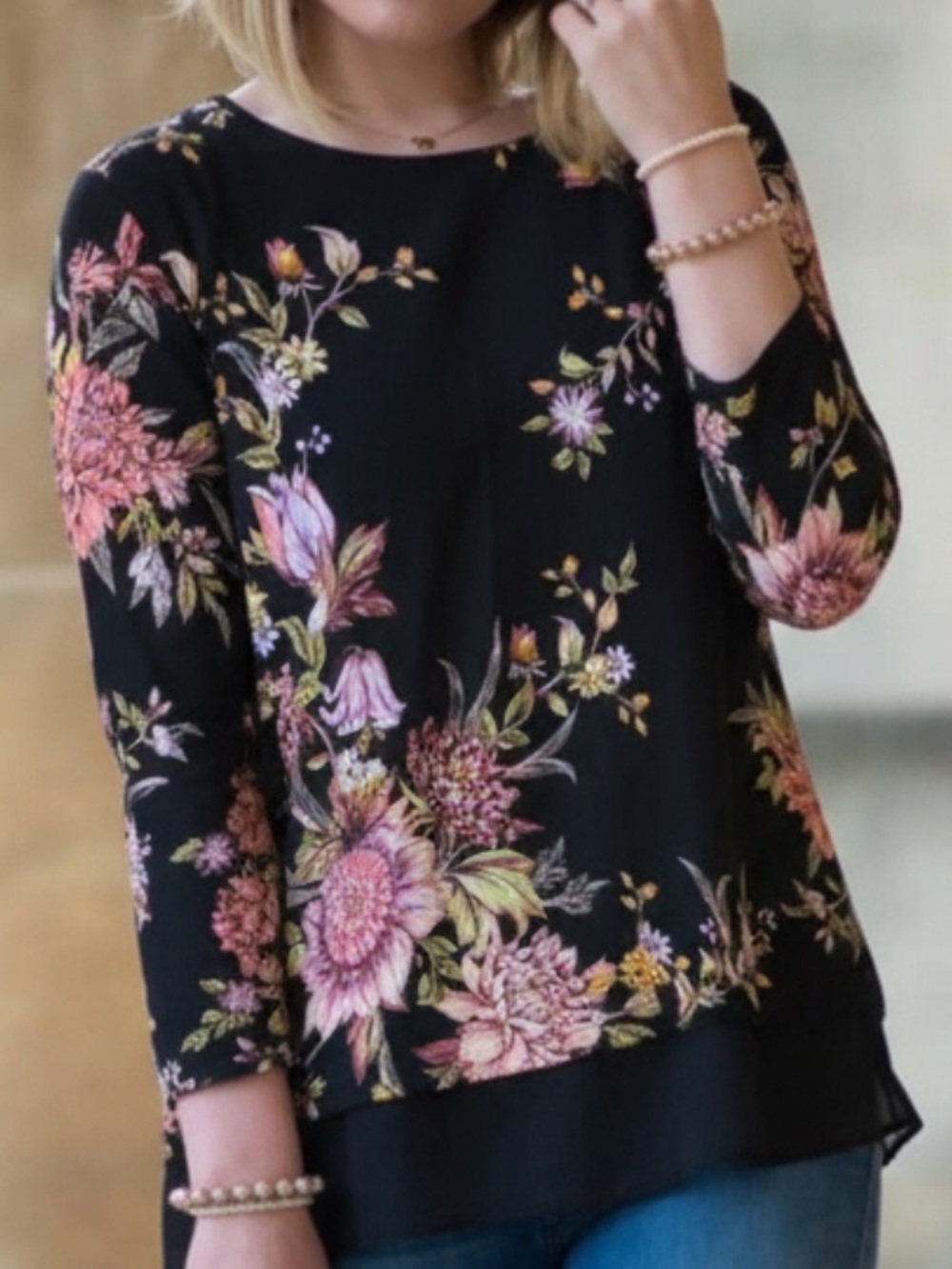 PER UNA Marks Spencer Black Pink Floral Sequin Mesh Hem Tunic Top US 8 M - Picture 4 of 14